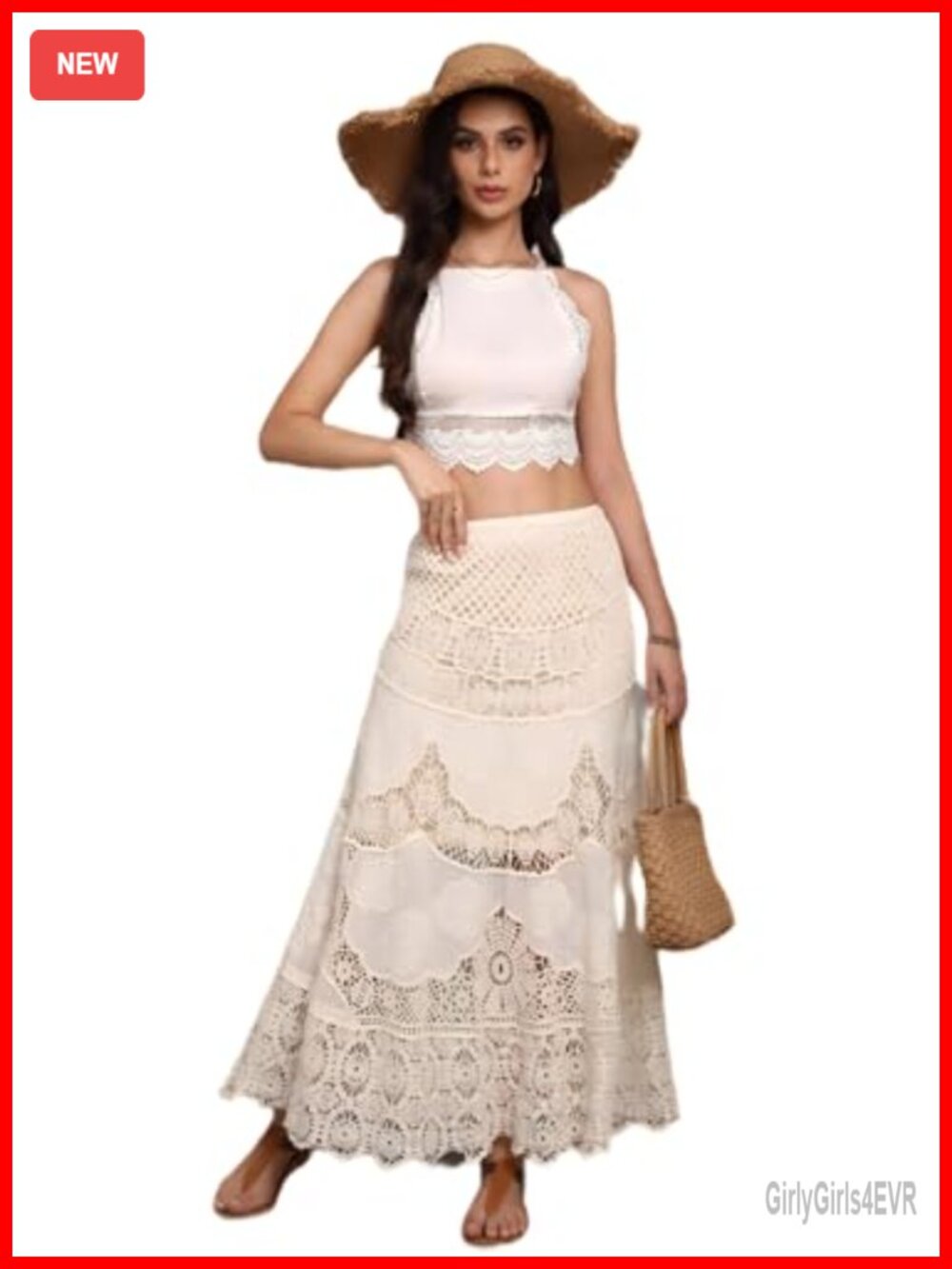 Crochet Eyelet Lace Maxi Skirt High Waisted Flowy A-Line